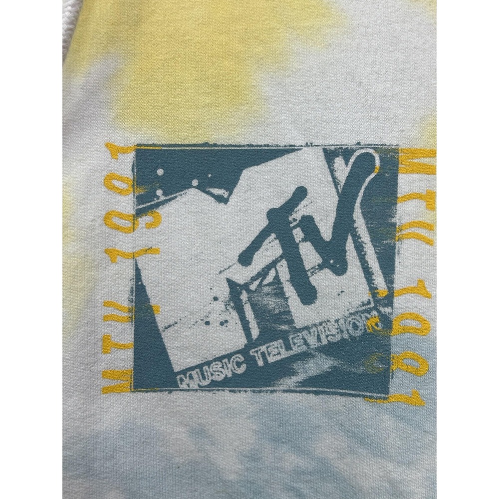 MTV Hoodie Mens Small Yellow Blue Tie Dye Music Television Graphic Pullover - Picture 5 of 8